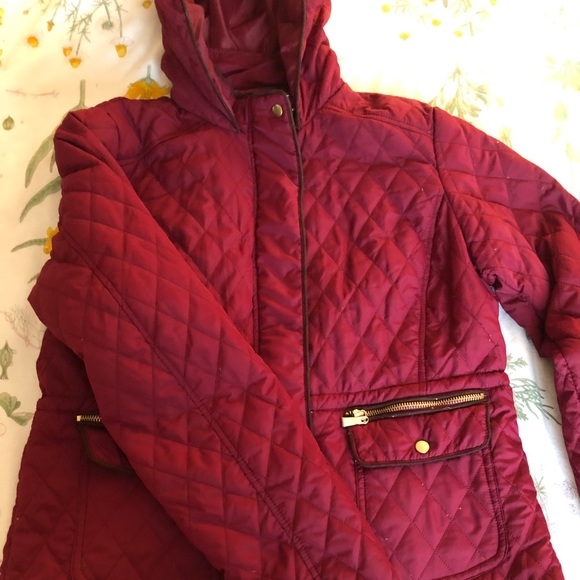 Active USA Jackets & Blazers - Maroon hooded quilted jacket with gold trim